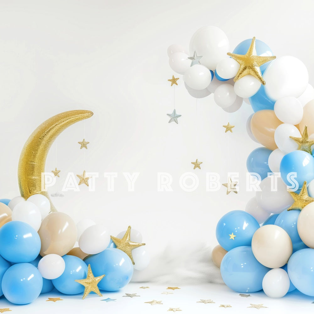 Torta di Compleanno Smash Luna Blu Bianco Palloncino Sfondo Designed by Patty Robert