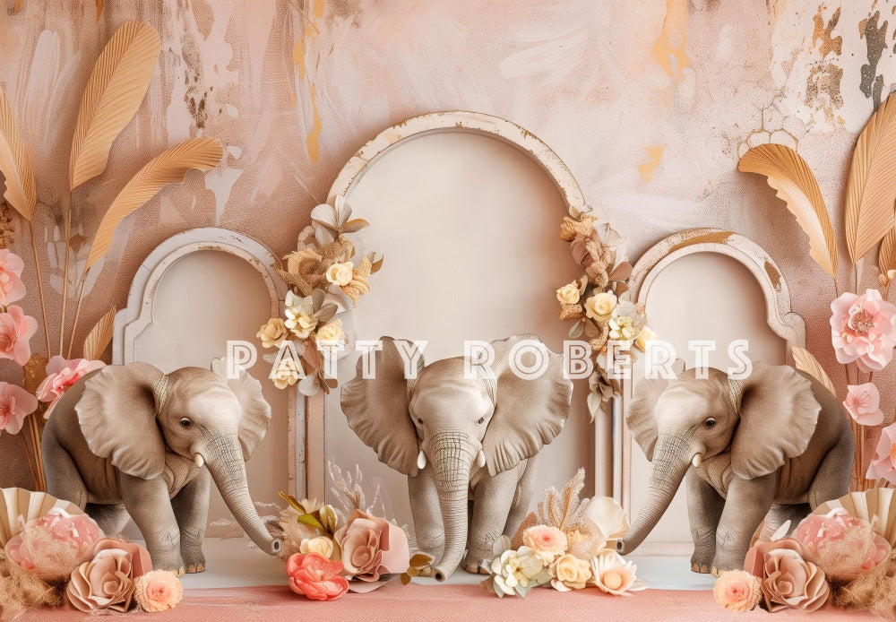 Boho Elefante Rosa Retro Arco Sfondo Muro Designed by Patty Robert