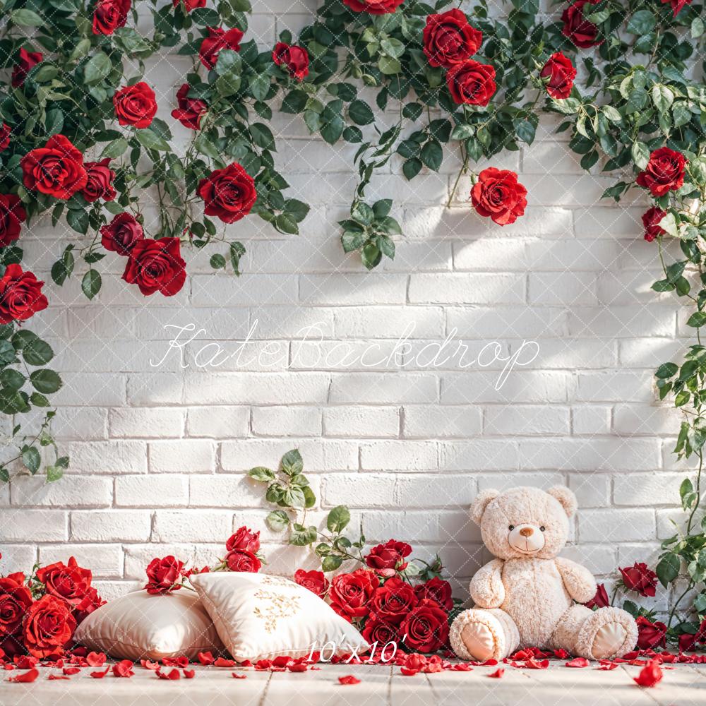 Kate White Brick Wall With Red Roses and Teddy Bear Backdrop Designed by Emetselch