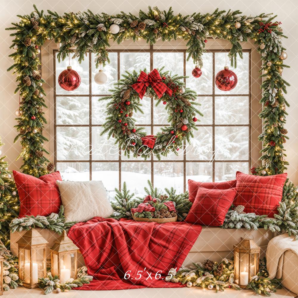 Kate Christmas Window Garland Red Blanket Backdrop Designed by Emetselch