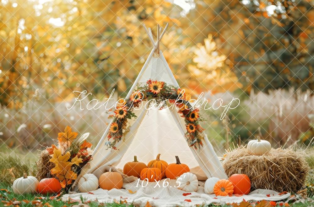 Kate Fall White Teepee Decorated With Pumpkins Backdrop Designed by Patty Robert