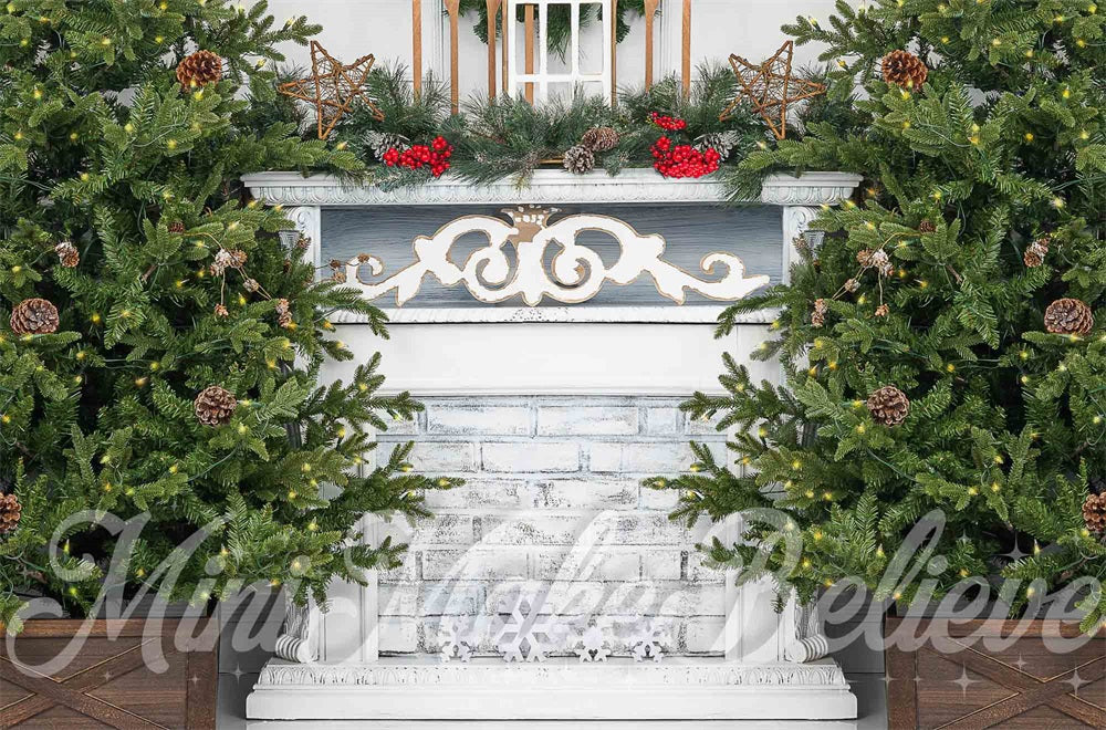 Kate Christmas White Vintage Brick Fireplace Backdrop Designed by Mini MakeBelieve