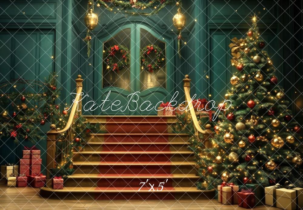 Kate Christmas Tree Cascading Stairs Blue Backdrop Designed by Lidia Redekopp