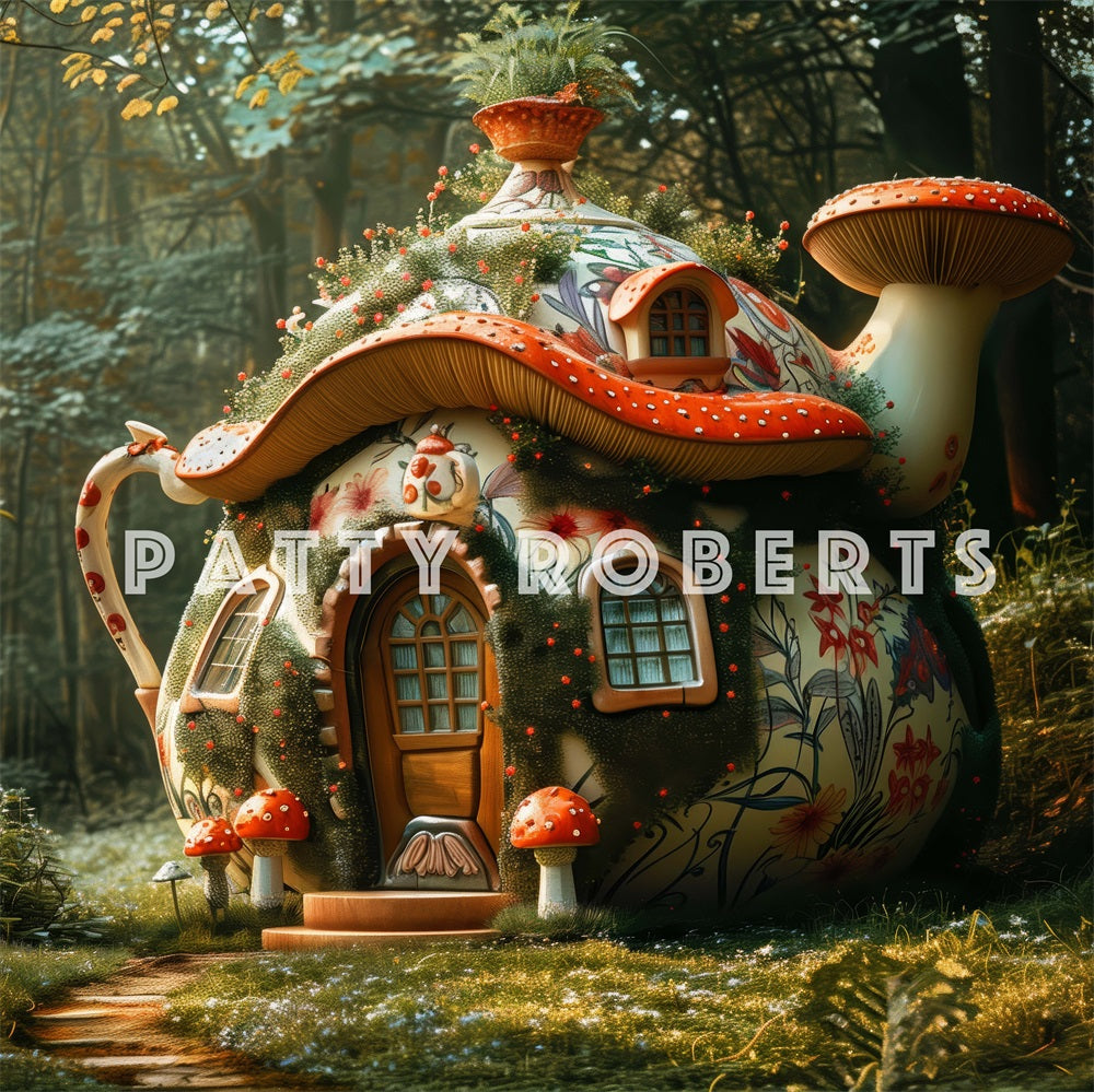 Kate Magical Forest Dreamy Colorful Floral Mushroom Teapot Hut Backdrop Designed by Patty Robert