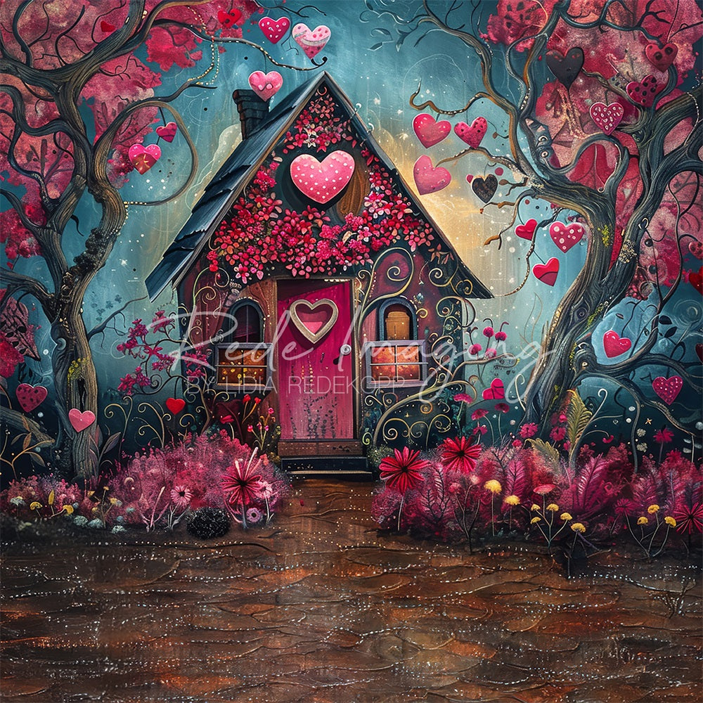 Fine Art Fantasy Cartoon Forest Red Heart Hut Foto Achtergrond Designed by Lidia Redekopp