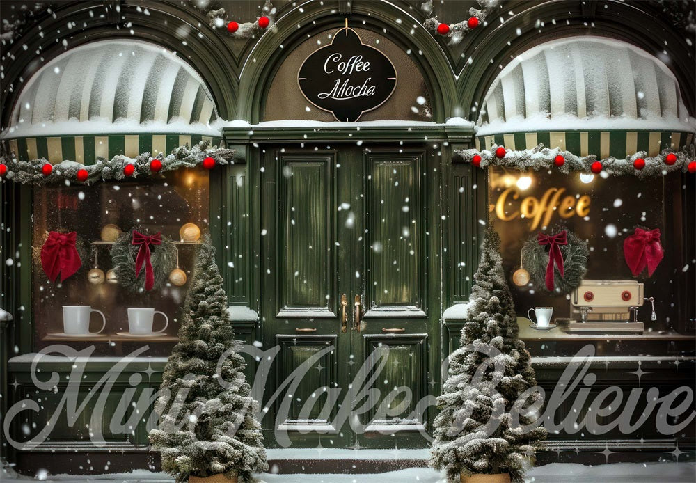 Kate Christmas Street Green Retro Coffee Store Backdrop Designed by Mini MakeBelieve