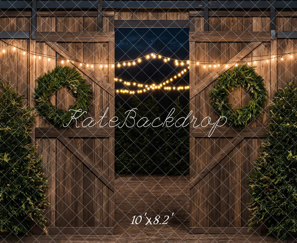 Kate Christmas Tree Barn Brown Wood Door Backdrop Designed by Emetselch