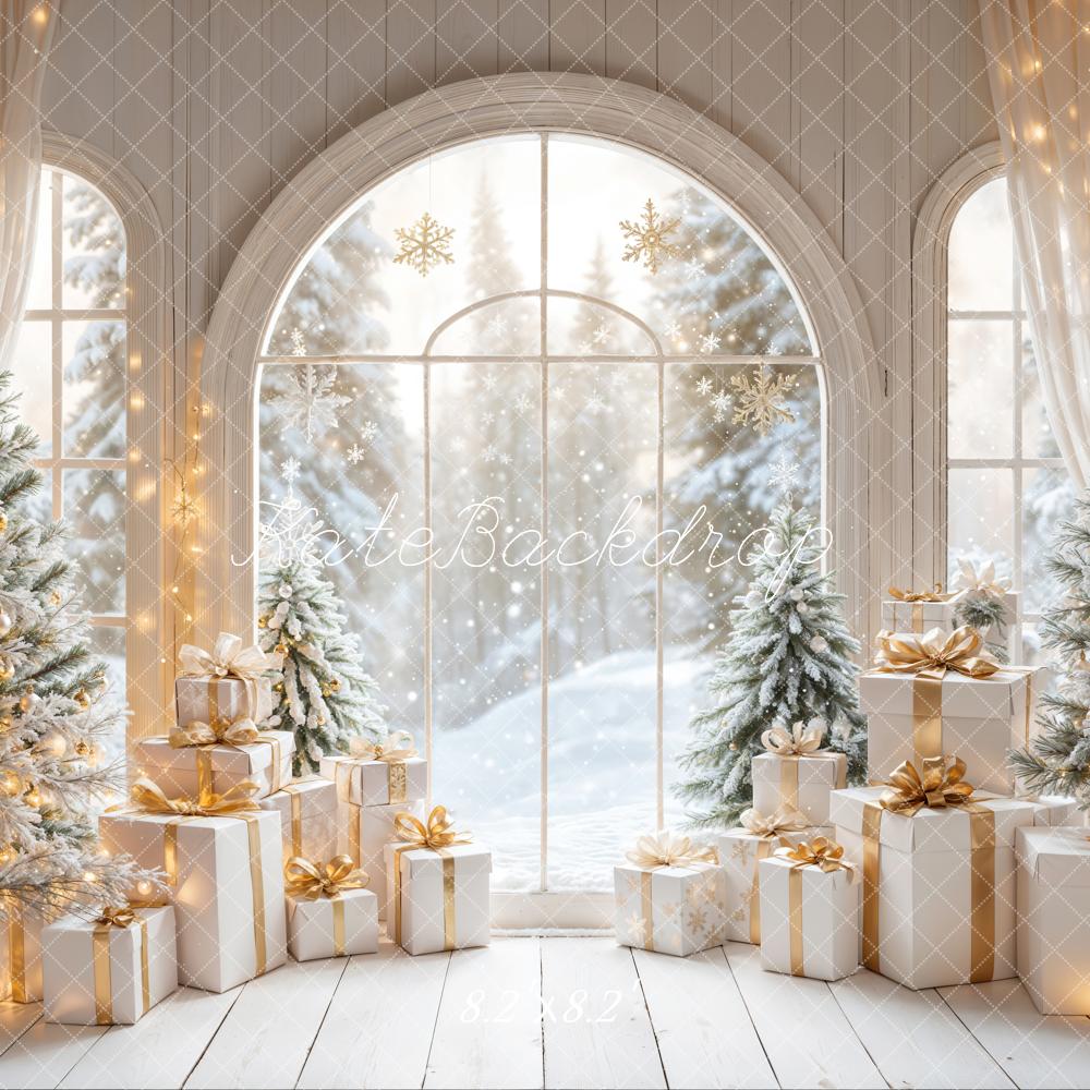 Kate White Arch Window With Christmas Tree Gifts Backdrop Designed by Emetselch