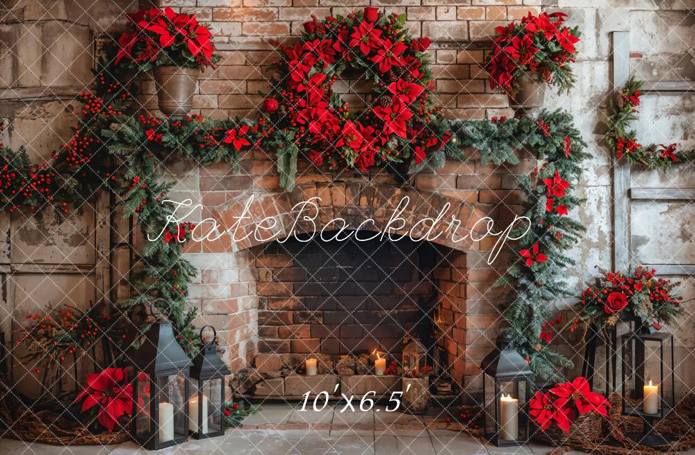 Kate Christmas Indoor Red Brick Fireplace Backdrop Designed by Emetselch