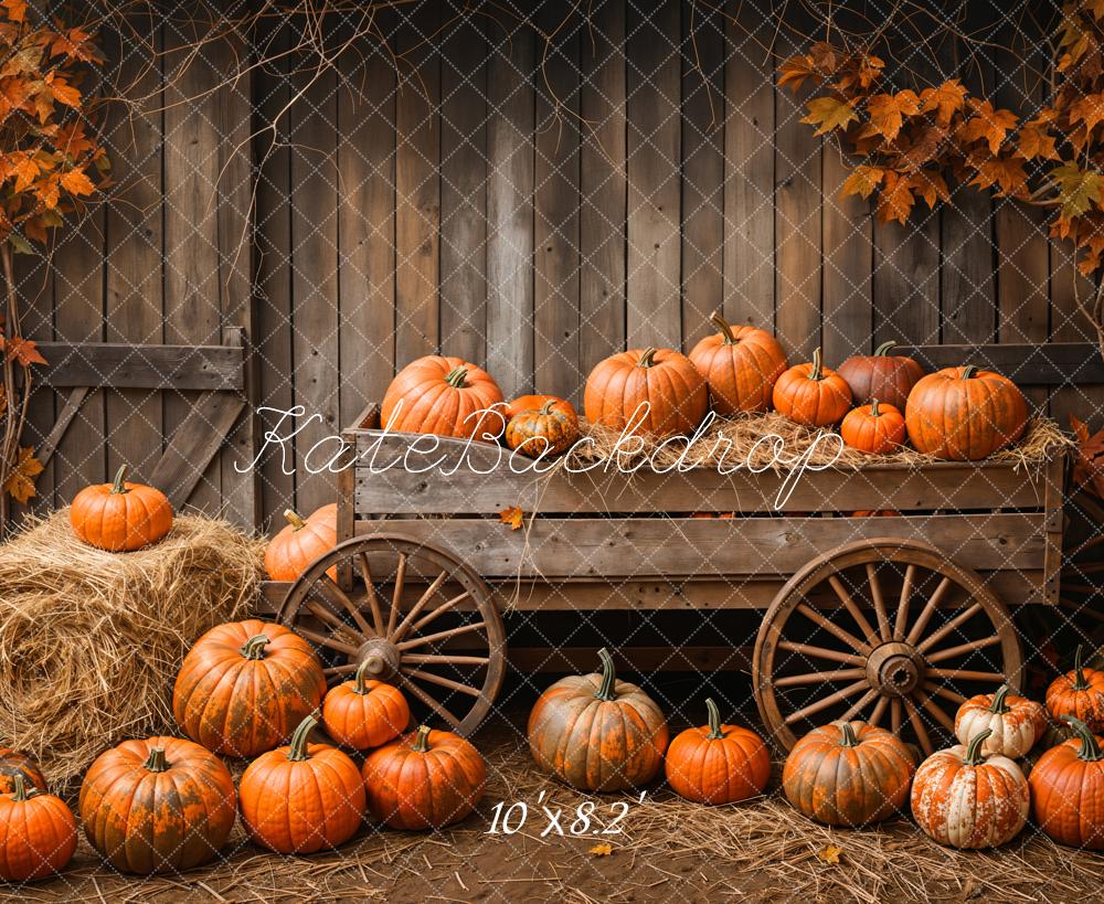 Fall Barn Door Pumpkin Cart Maple Leaves Backdrop Designed by Emetselch