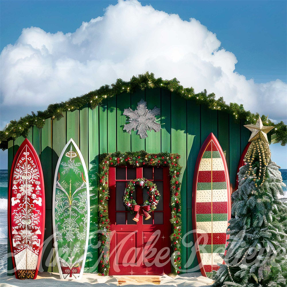 Kerstboom Zee Strand Surfplank Winkel Foto Achtergrond
