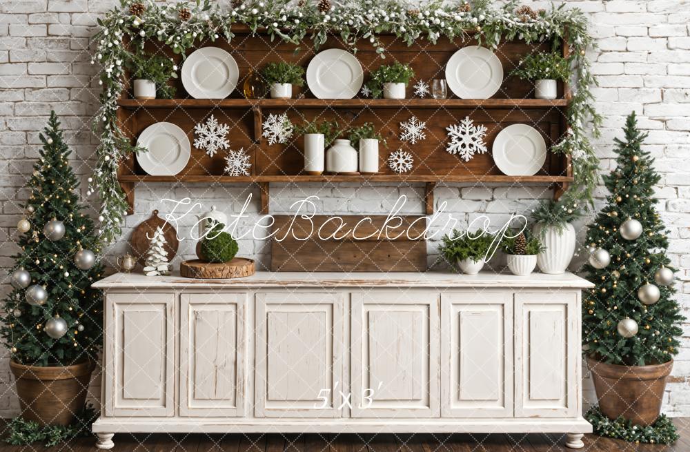 Kate Christmas White Retro Kitchen Brick Wall Backdrop Designed by Emetselch