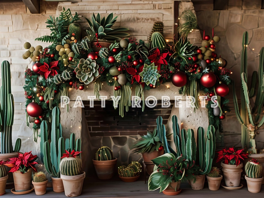 Fondo de chimenea de ladrillo verde de cactus salvaje del oeste de Navidad diseñado por Patty Robert