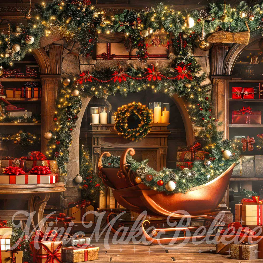 Kate Christmas Gift Store Dark Golden Sleigh Backdrop Designed by Mini MakeBelieve