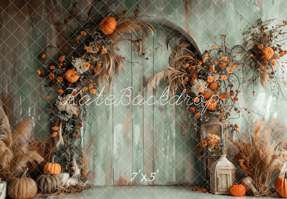 Kate Fall Boho Green Wall Arch With Pumpkins Backdrop Designed by Patty Robert