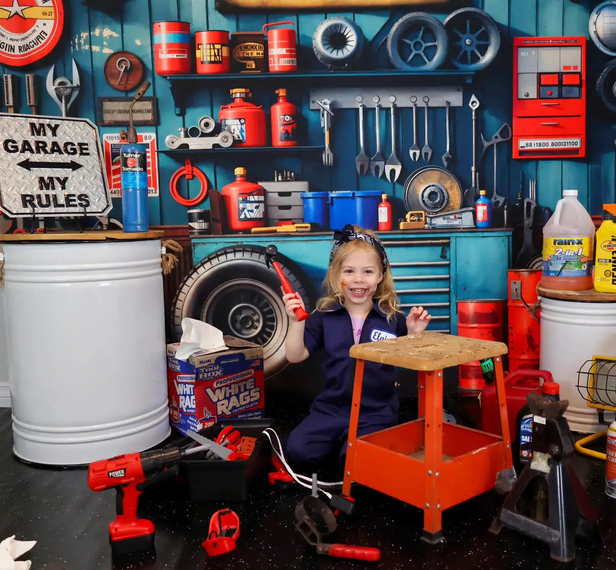 Kate Pet Modern Tool Holder and Tires Red Tanker Garage Backdrop Designed by Emetselch