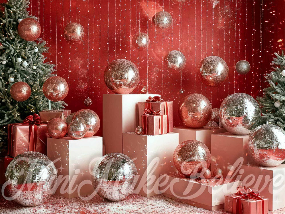 Kate Christmas Retro Disco Silver Ball Red Wall Backdrop Designed by Mini MakeBelieve