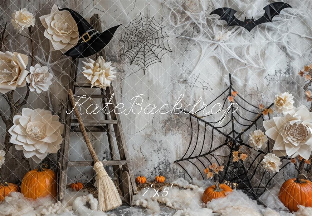 Halloween Spooky Pumpkins and Spiderweb Foto Achtergrond Designed by Mini MakeBelieve