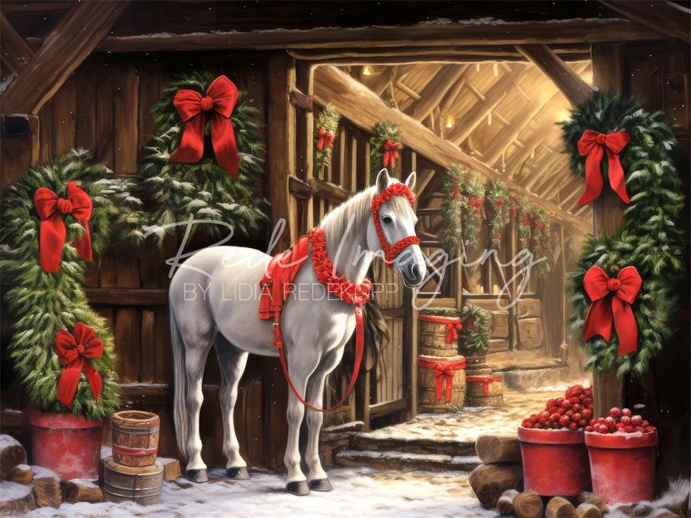 Kerstkrans Barn White Horse Foto Achtergrond Designed by Lidia Redekopp