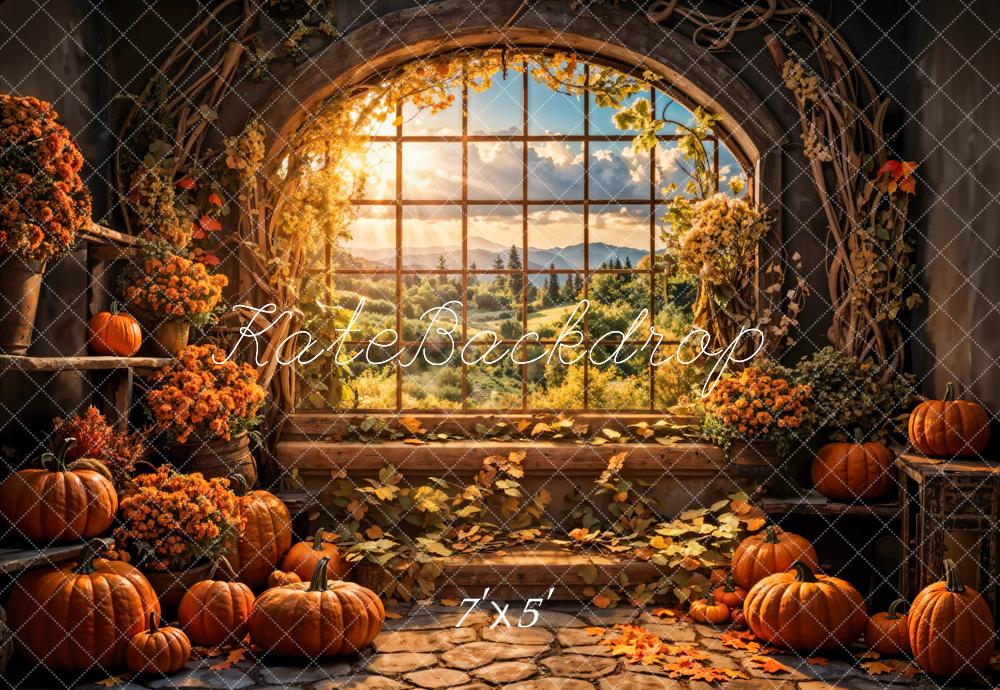 Kate Fall Flower Pumpkin Barn Arch Window Backdrop Designed by Emetselch