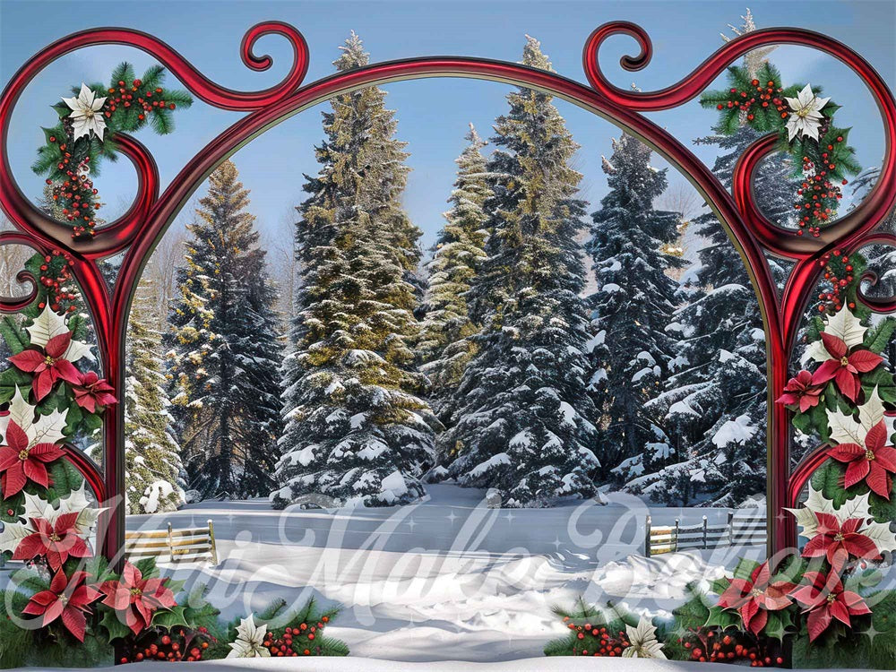 Kate Christmas Forest Red Vintage Floral Gate Backdrop Designed by Mini MakeBelieve