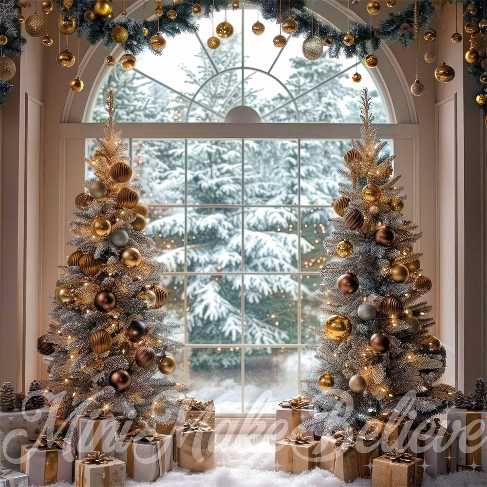 Kate Winter Christmas Beige Arched Window Backdrop Designed by Mini MakeBelieve