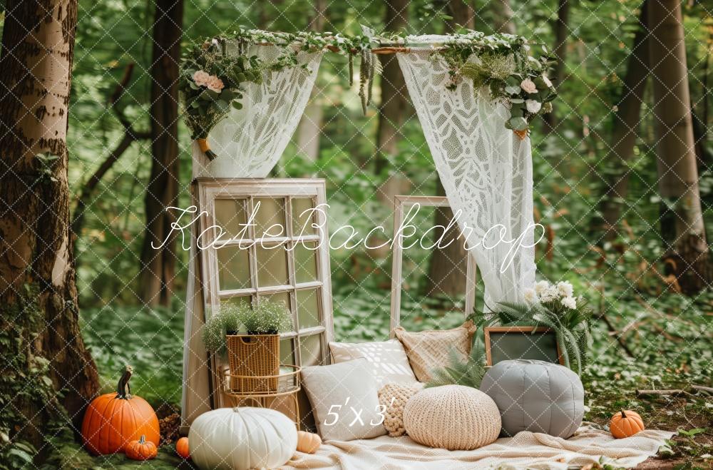 Romantische Boshoek Met Vintage Ramen En Pompoenen Foto Achtergrond Ontworpen door Patty Robert