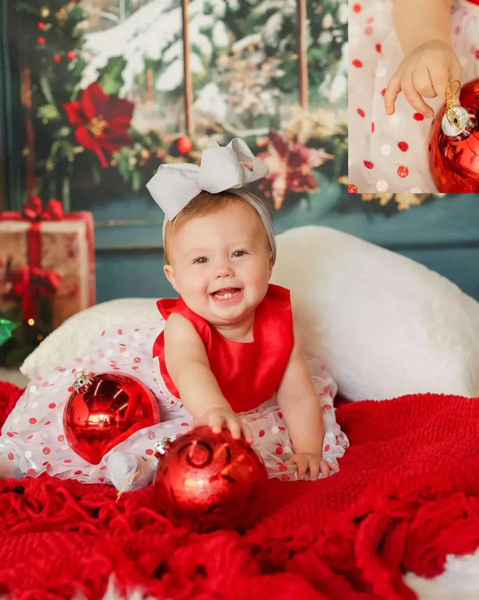 Kate Christmas Wreath Teddy Bear Red Curtain Dark Green Arch Window Backdrop Designed by Emetselch