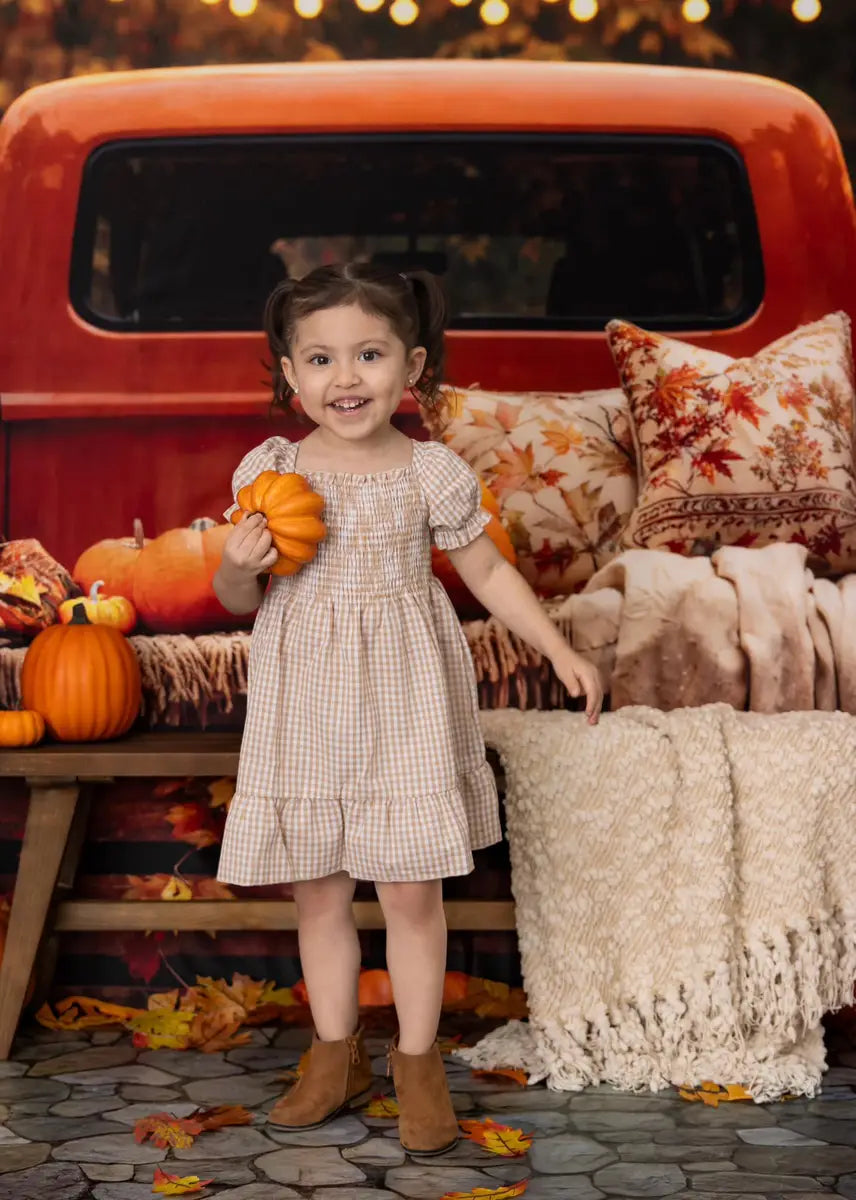 Kate Pet Autumn Forest Maple Leaf Pumpkin Dark Orange Truck Backdrop Designed by Emetselch