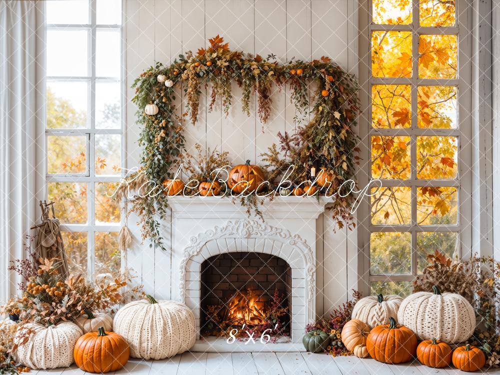 Kate Halloween Fall White Fireplace Maple Leaves Backdrop Designed by Emetselch