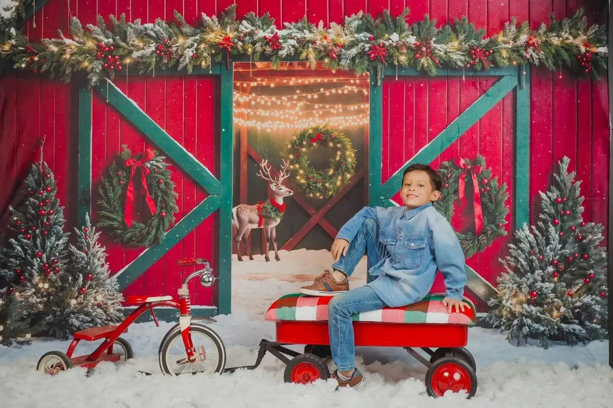 Kerst Eland Rood en Groen Schuur Foto Achtergrond Ontworpen door Emetselch