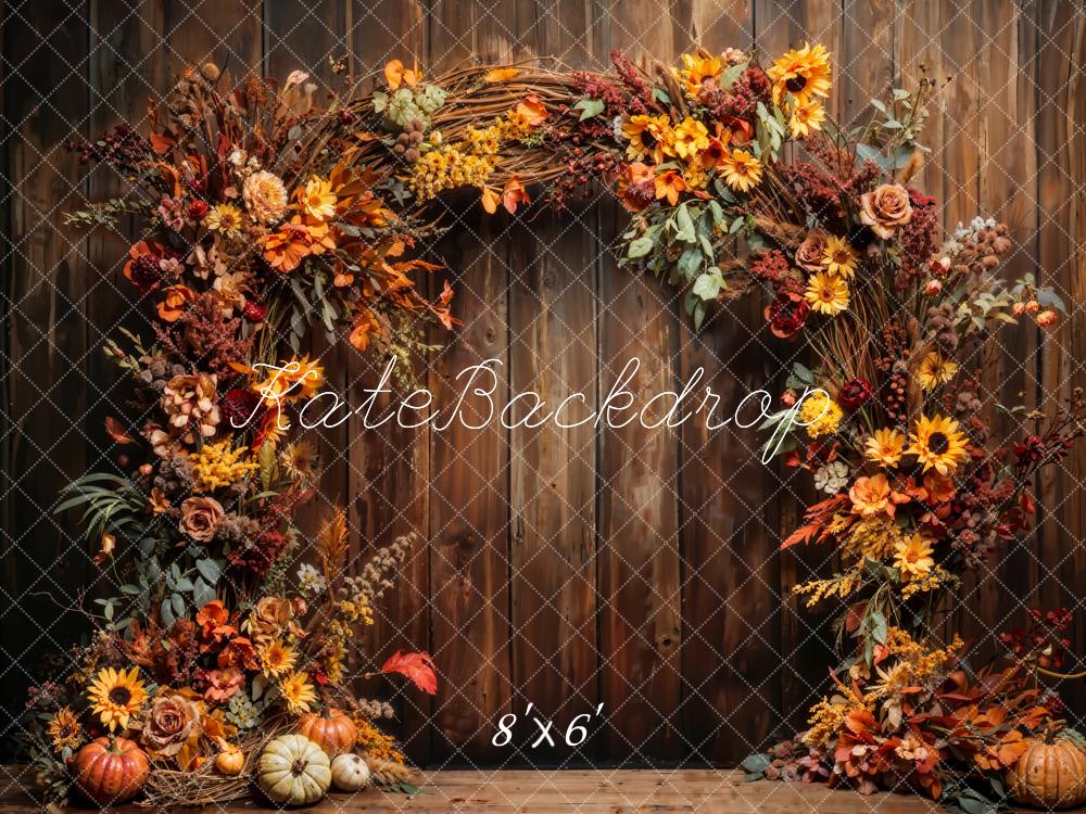 Pumpkin Artístico de Otoño para Pared de Madera con Arco de Flores – Diseñado por Chain Photography