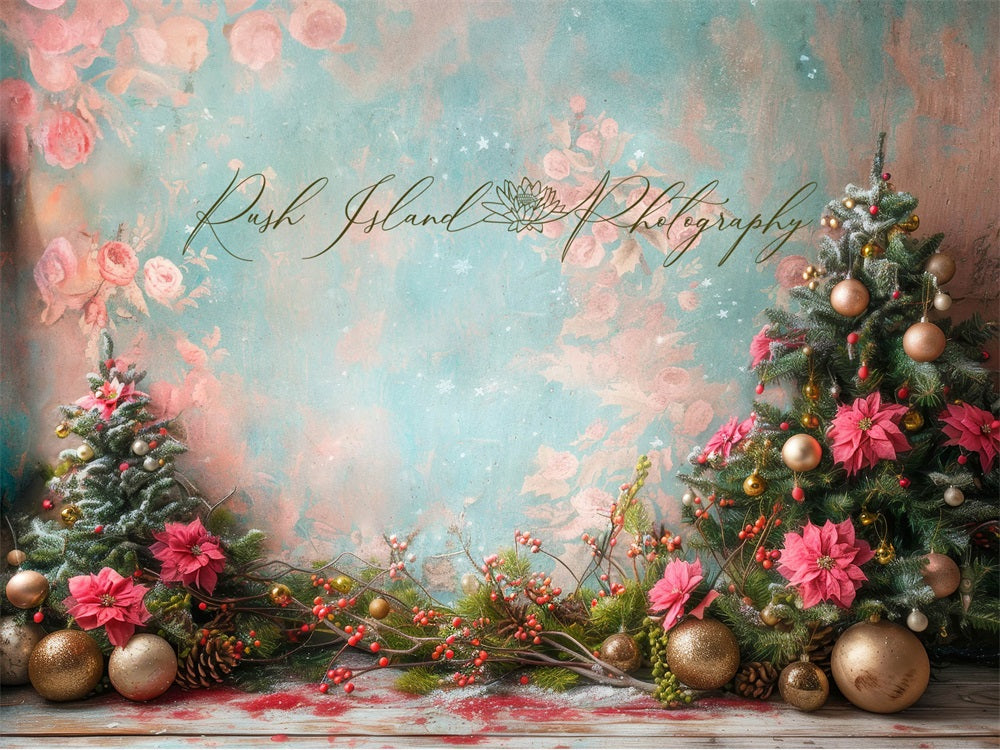 Kate Christmas Tree Pink Fine Art Flowers Wall Poinsettia Backdrop Designed by Laura Bybee