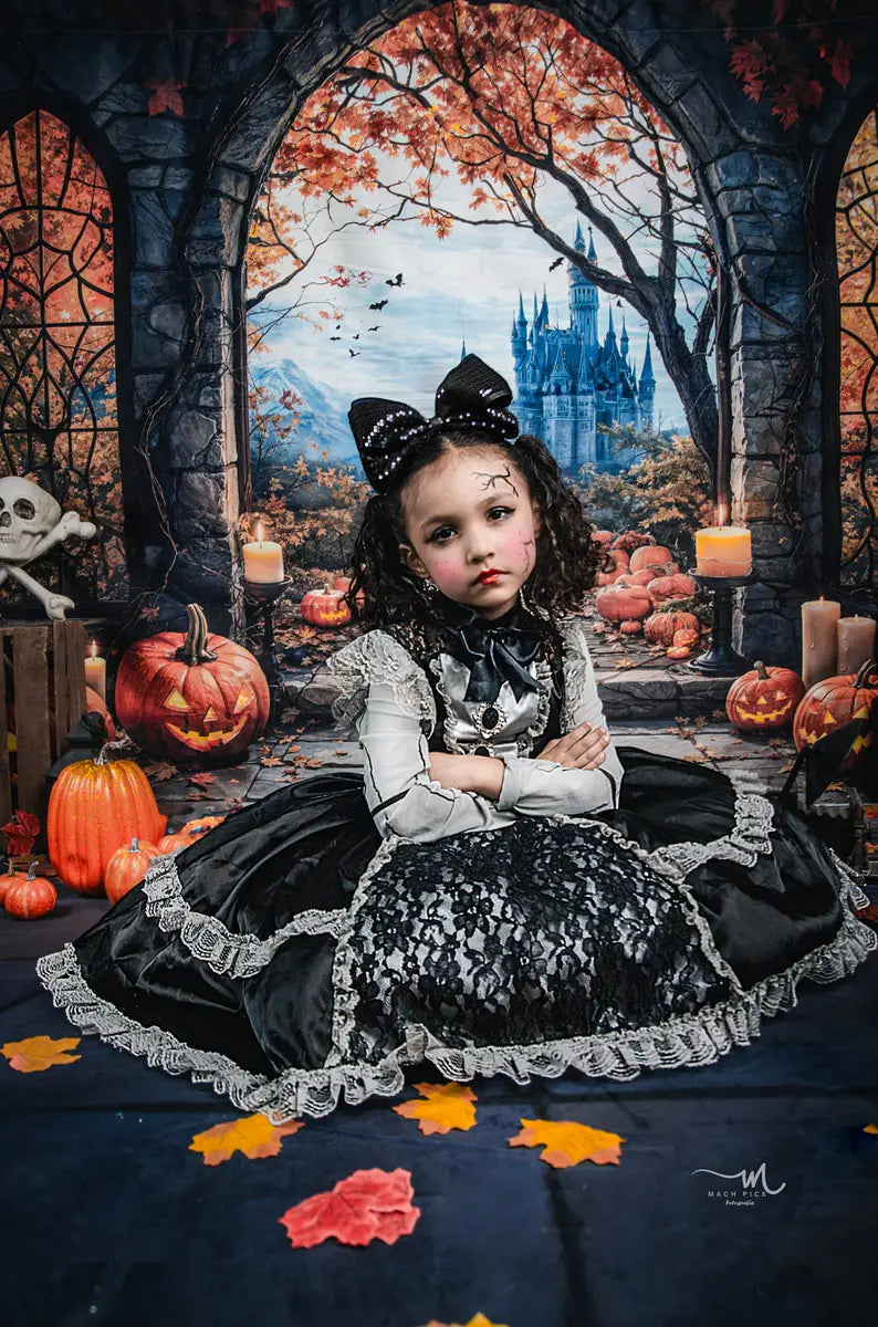 Kate Halloween Arch Maple Castle Pumpkin Backdrop+Stone Pavement Floor Backdrop