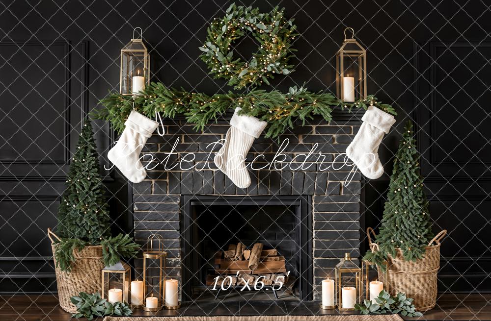 Kate Christmas White Sock Black Brick Fireplace Backdrop Designed by Emetselch