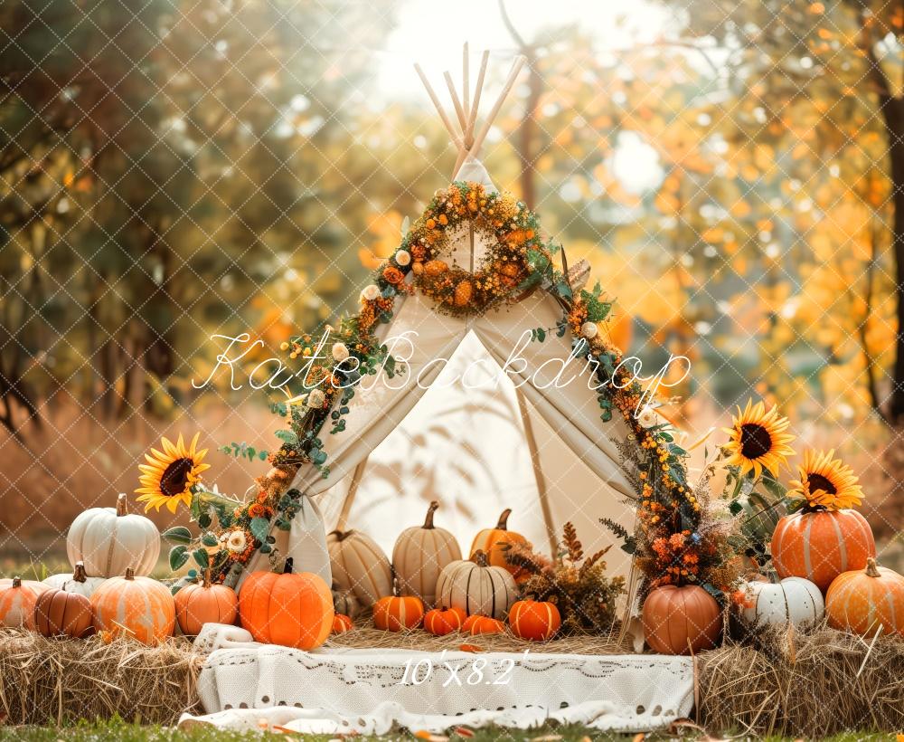 Kate Fall White Teepee With Sunflowers And Pumpkins Backdrop Designed by Patty Robert