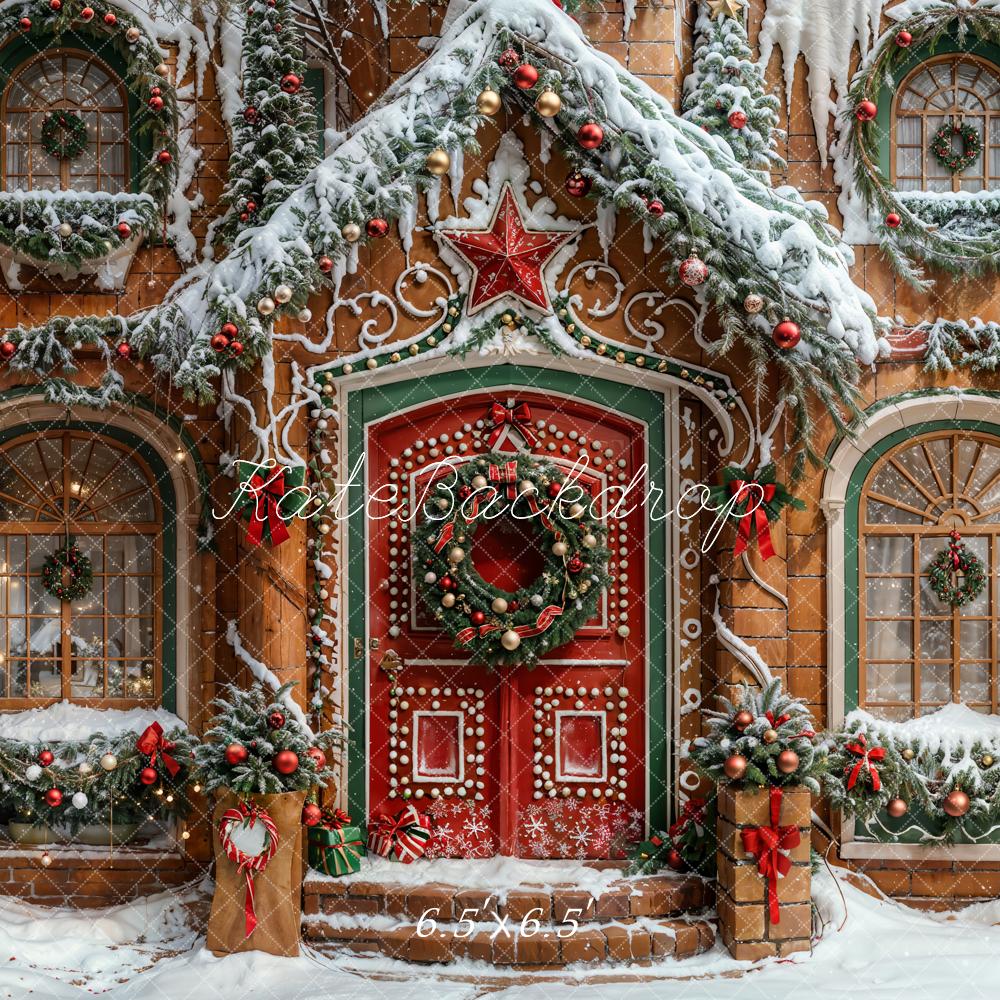 Estrella roja de Navidad con fondo de casa de pan de jengibre marrón diseñado por Chain Photography