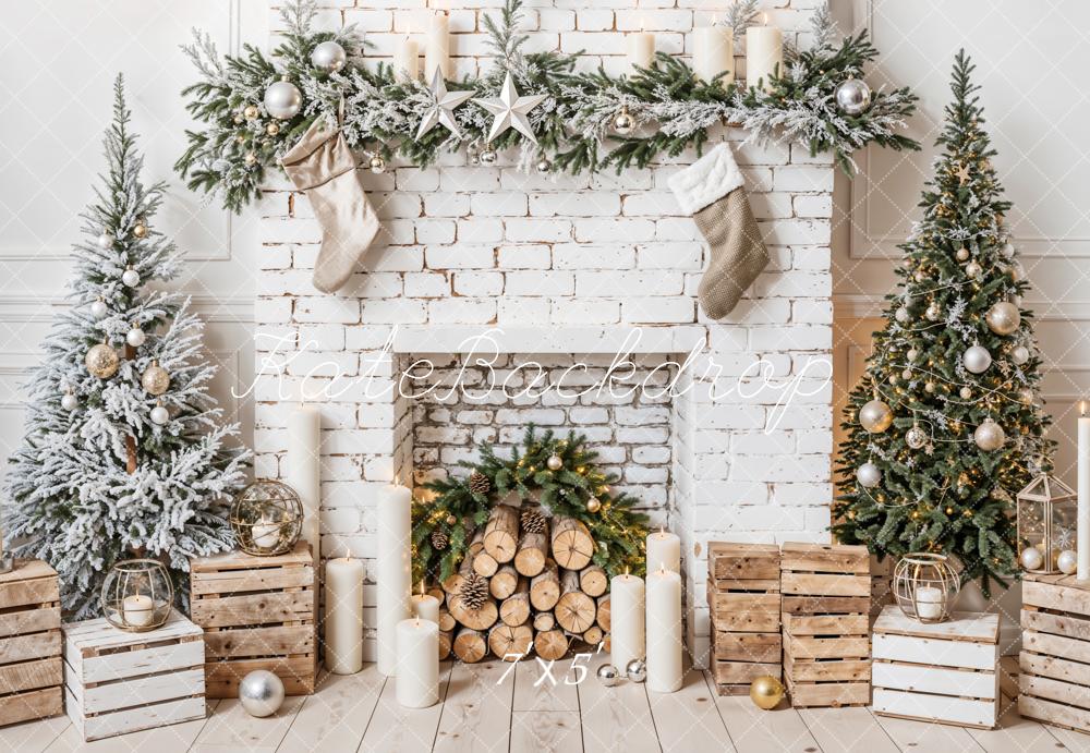 Kerstboom Witte Bakstenen Haard Retro Wand Foto Achtergrond Designed by Emetselch