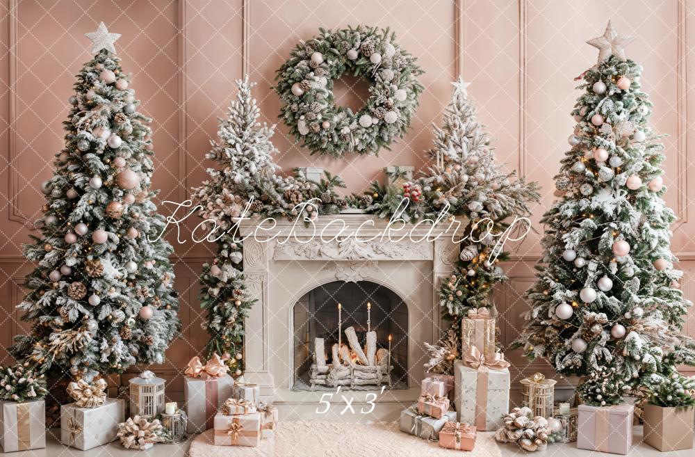 Kate Christmas Retro White Fireplace Pink Wall Backdrop Designed by Emetselch