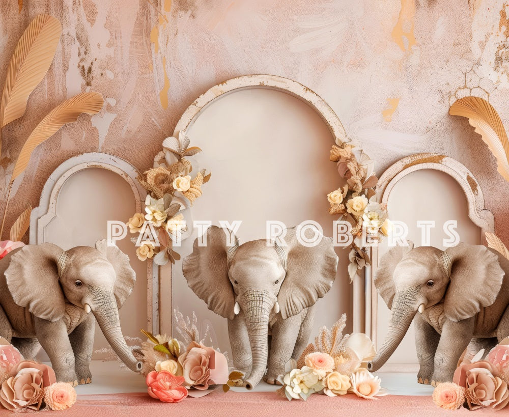 Kate Boho Elephant Pink Retro Arch Wall Backdrop Designed by Patty Robert