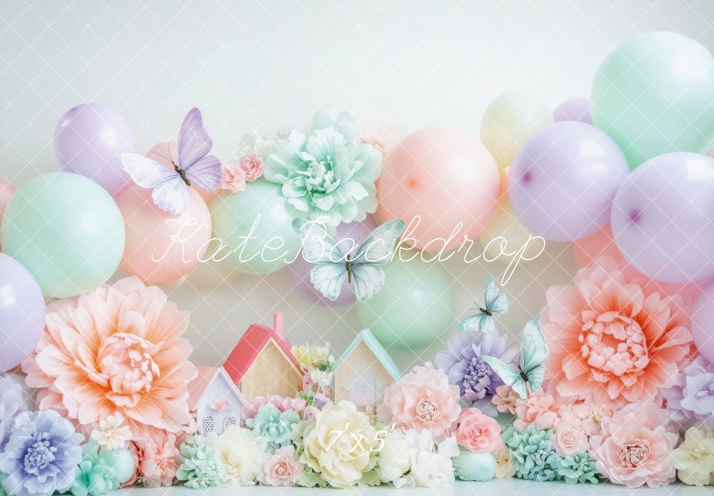 Spring Pastel Ballonnen Bloemen Vlinders Foto Achtergrond Designed by Patty Roberts