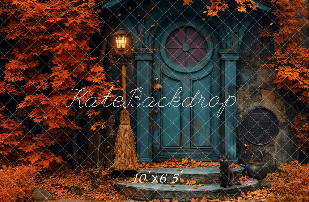 Kate Fall Red Maple Leaf Blue Arch Door Backdrop Designed by Emetselch