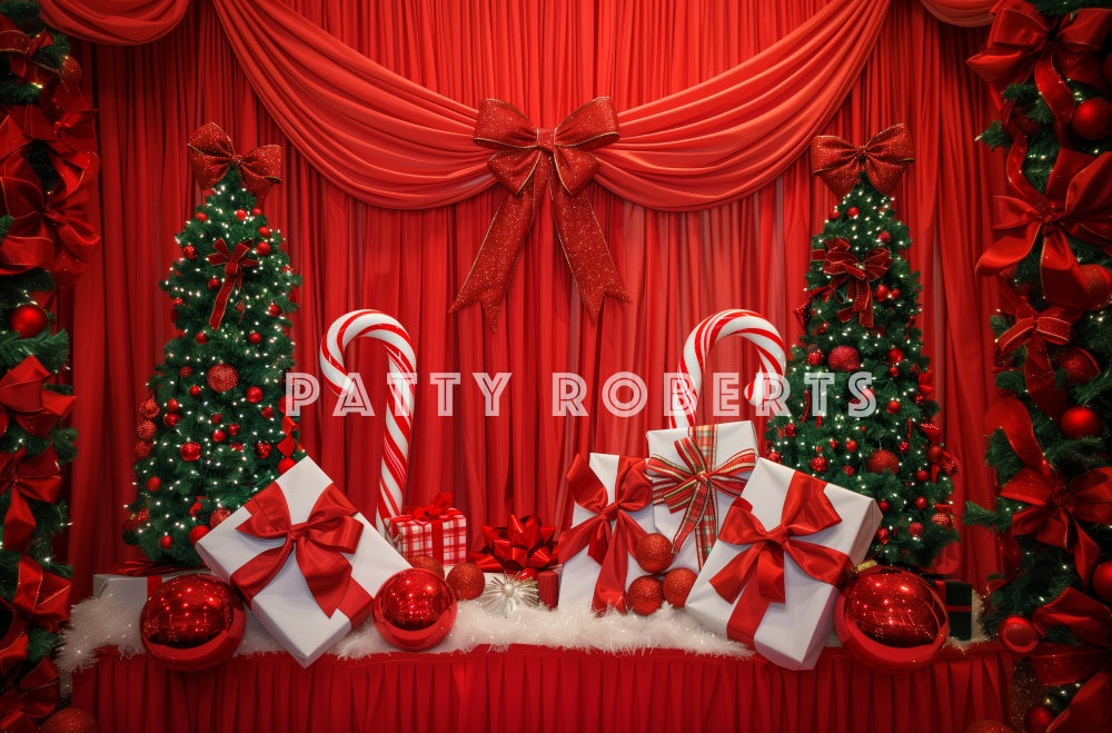 Kate Christmas Tree Red Curtain With Gifts Backdrop Designed by Patty Robert