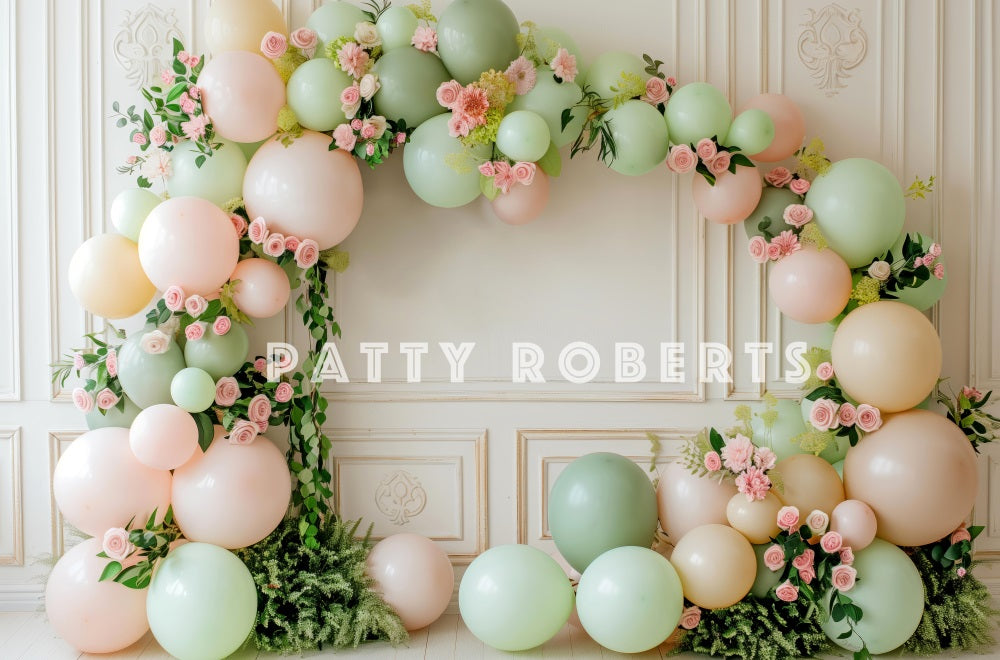 Kate Birthday Pink Rose Green Balloon Arch White Retro Wall Backdrop Designed by Patty Robert