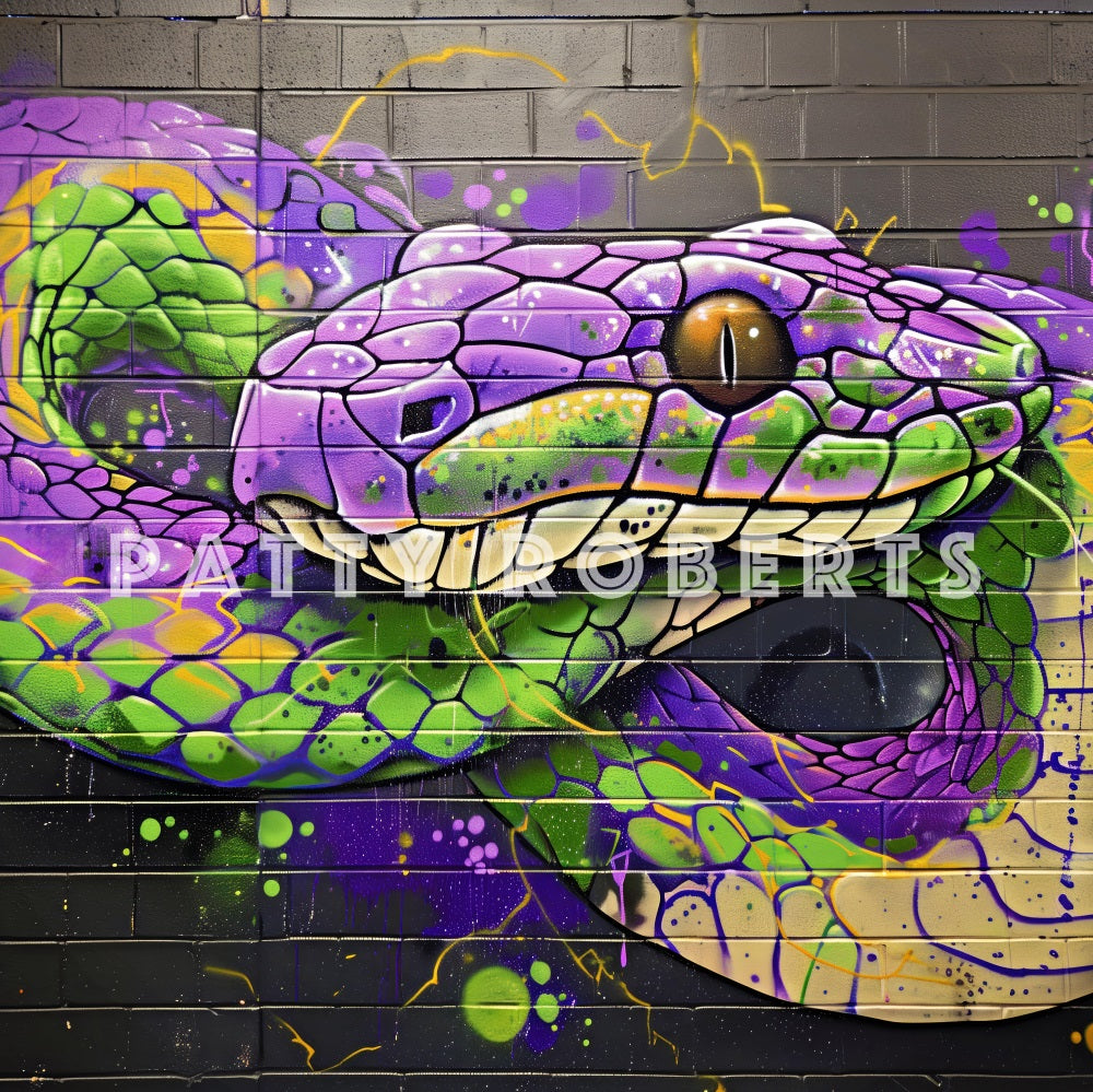 Fondo de muro de serpiente púrpura y verde graffitizado diseñado por Patty Robert