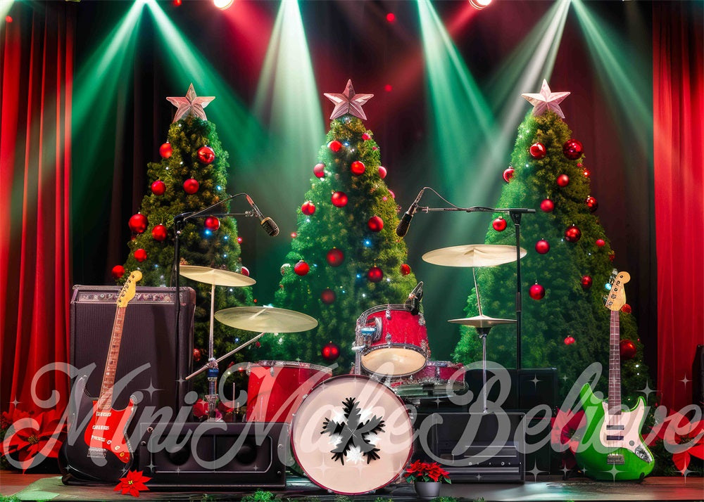 Retro Kerstboom Rock Muziek Podium Foto Achtergrond Designed by Mini MakeBelieve