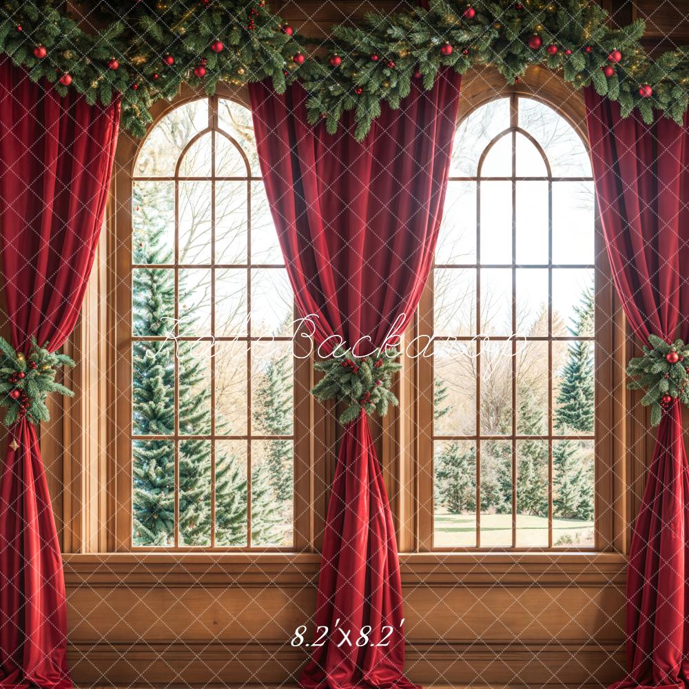 Kate Christmas Arched Window Red Curtains Backdrop Designed by Emetselch