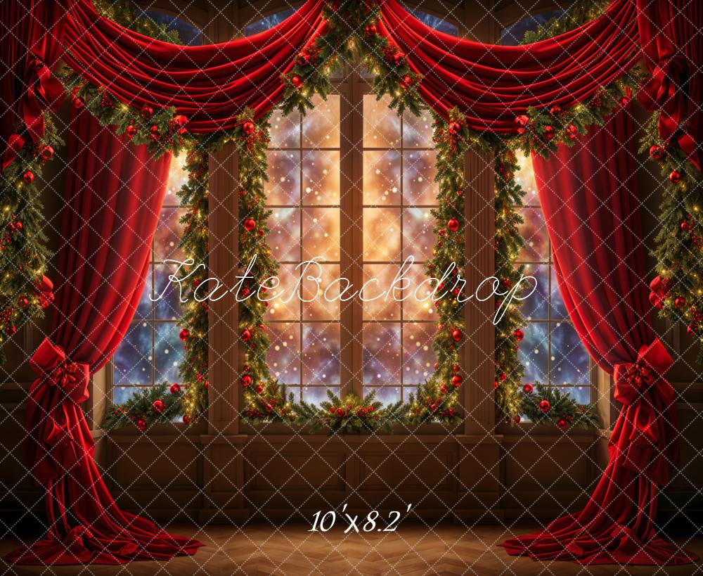 Kate Christmas Dreamy Red Curtain Retro Arched Window Backdrop Designed by Emetselch