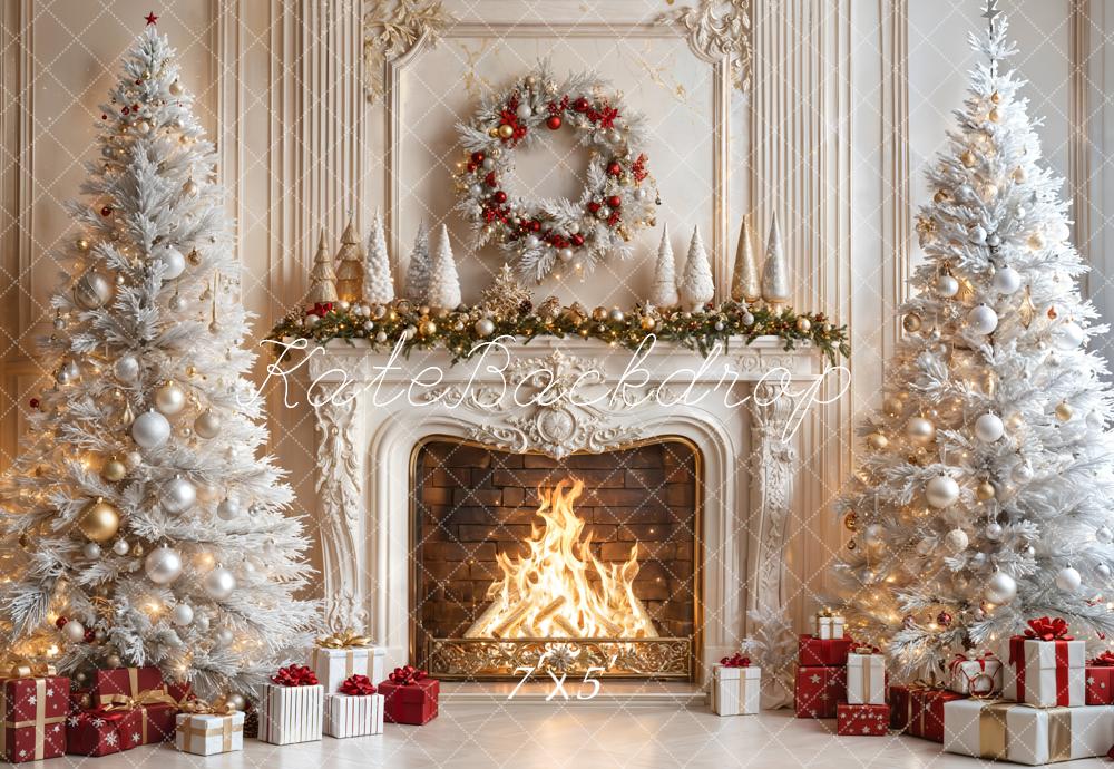 Kate Christmas Fireplace White Trees Gifts Backdrop Designed by Emetselch