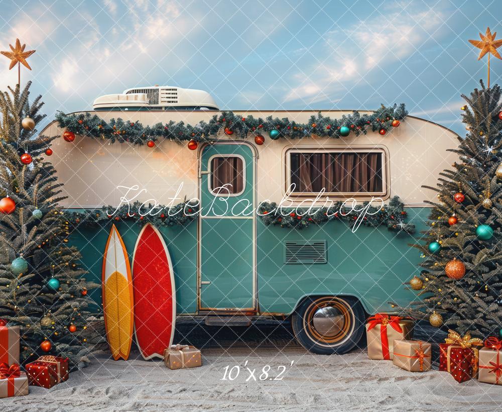 Kerst RV Camper Strand Foto Achtergrond Designed by Mini MakeBelieve